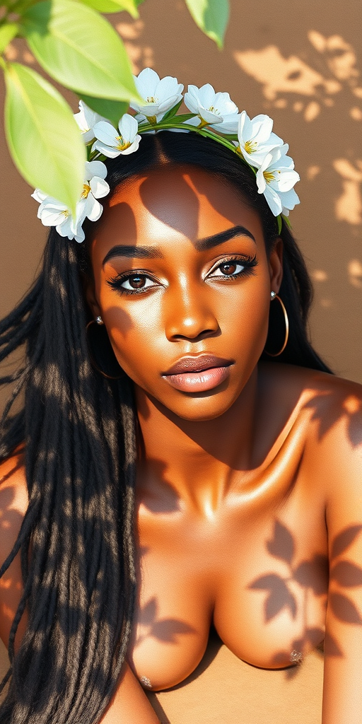 create a watercolor painting of an ethereal portrait of beautiful Nubian woman with a simple white flower crown on her head. Her hair is long and she is lying on the ground. The sunlight on the trees casts shadows from the leaves on her face and body. The background is a neutral brown color that matches her skin tone. The image is minimalist and solid colors. This style is characterized by soft, delicate brushstrokes and a light, airy, contrasting color palette. High level of detail and play of light