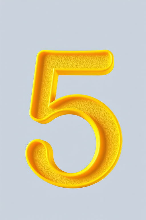 Create a vibrant, high-resolution image of the number 5 in a bold, stylized font; shot with a DSLR camera at f/2.8 aperture, ISO 100, 50mm lens, macro perspective, soft natural lighting to enhance the yellow color and smooth lines.