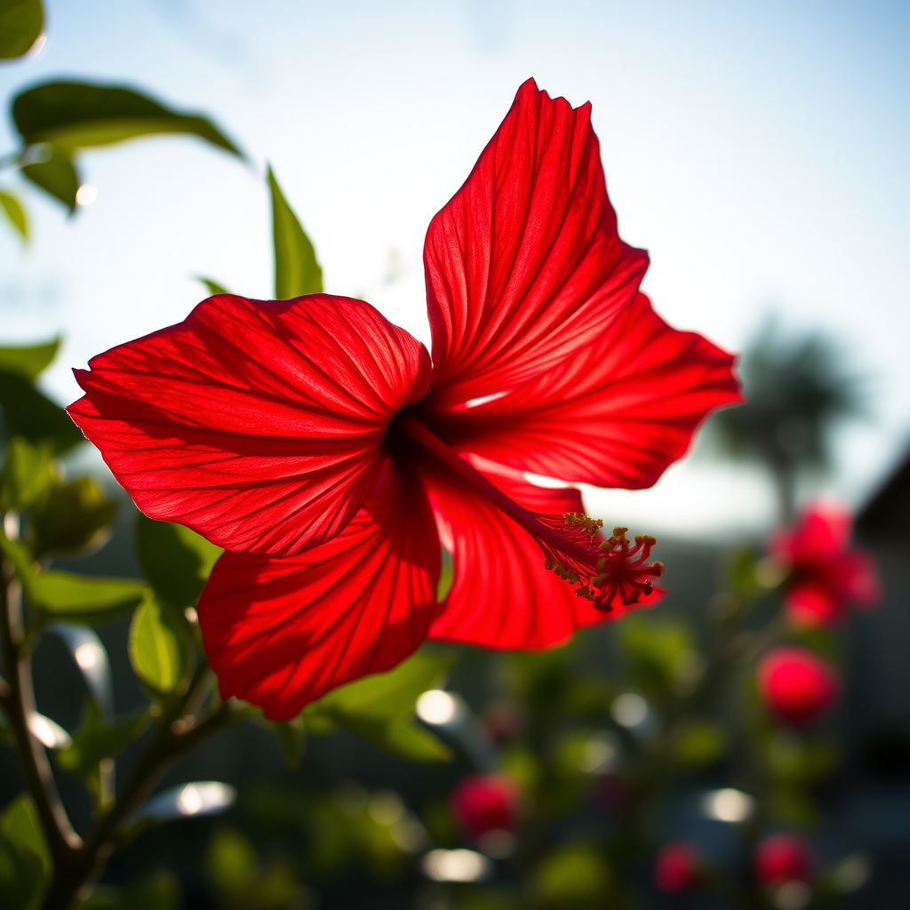 Photograph a vibrant red hibiscus flower in late afternoon sunlight, using a macro lens with f/2.8 aperture, 1/200s shutter speed, ISO 100, shot from a low angle to emphasize details and depth, with soft bokeh in the background.