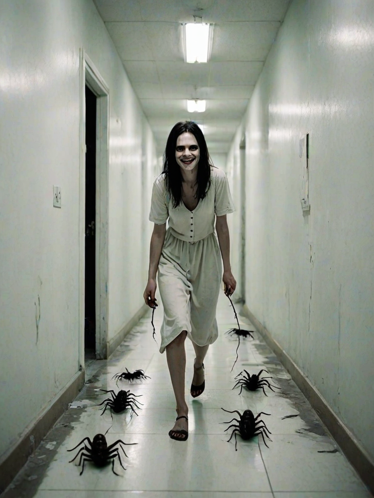 a crooked female with long arms and a creepy smile is crawling along a long white corridor and you can also see cockroaches in it there is a creepy atmosphere creepy art style