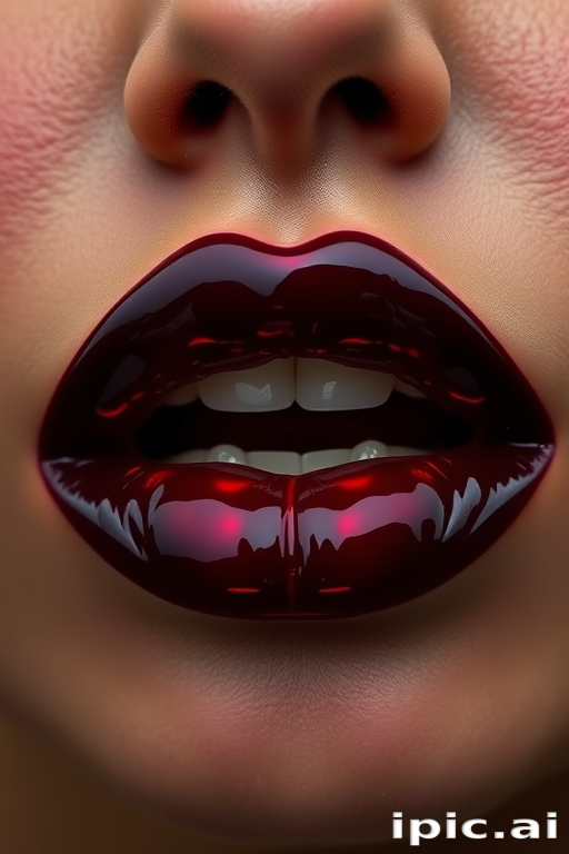 Striking black cherry lips boast a glossy vinyl finish, exuding mystery and allure with their deep, rich color and reflective surface