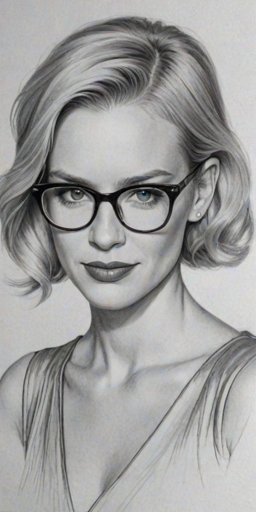 Wonderful January Jones, pencil sketch, portrait of Alluring woman 1936s in glasses, hair style beatnik, outline, clear lines, fine lines, 8k