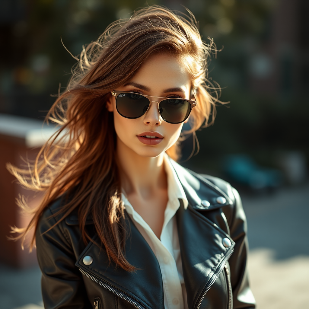 Outdoor shot, stunning female model, vintage leather jacket, sunglasses, cinematic effect, Position the camera at the model’s eye level using a 35mm f/1.4 lens
