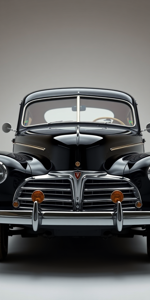 vintage black sedan car, 50mm lens, f/2.8, ISO 100, 1/250 sec, frontal view, studio lighting, high-resolution photography, sharp focus on the car, minimal background distractions