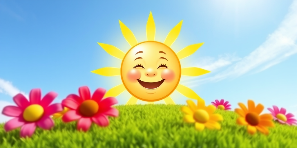Create an image shows a bright, sun with a smiling baby's face in the center, radiating soft yellow rays. The sun is set against a clear blue sky with a few wispy clouds. Below, there's a lush green grassy hill with colorful, oversized flowers, giving the scene a whimsical, playful atmosphere.