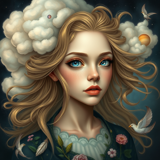 Create a series of imaginative portraits where each subject is infused with elements of fantasy and nature. The hair of the individuals should flow like clouds, varying from soft, fluffy cumulus to wispy cirrus strands, with hints of color reflecting a sunset or a clear blue sky. The eyes should be windows to entire galaxies, with stars, nebulae, and distant planets visible within them. Clothing should be adorned with nature motifs, such as floral patterns that bloom and change, vines that seem to grow and wrap around, or feathers that shimmer with iridescence. Each portrait should capture a unique personality, blending human features with the ethereal beauty of the natural and cosmic world. The backgrounds can vary, from starry night skies to enchanted forests, adding depth and context to the magical realism of the portraits