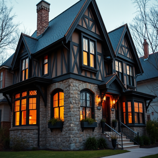 A detailed exterior shot of a charming Victorian-style house with stone walls and dark wooden trim, warm lights glowing in the windows, taken during golden hour with a Canon EOS R5, f/8 aperture, 1/250 sec shutter speed, ISO 100, using a wide-angle lens for an expansive view and soft bokeh effect in the background.