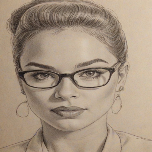 Pleasing Ne-Yo, pencil sketch, portrait of Enchanting woman 1956s in glasses, hair style beatnik, outline, clear lines, fine lines, 8k