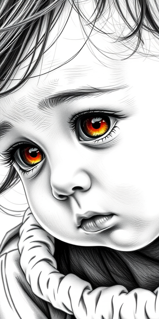 A hyperdetailed photorealistic black and white sketch of a beautiful toddler with deep orange eyes, with a macro focus