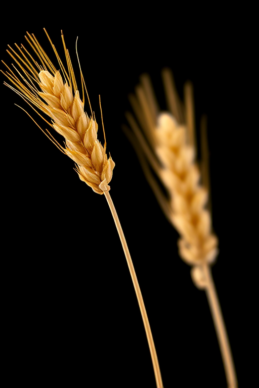 Create an image of two stylized wheat stalks with golden leaves against a black background, using a macro lens with a shallow depth of field, aperture set to f/2.8, ISO 100, shot from a slightly elevated angle to focus on the details of the leaves and create a soft bokeh effect.