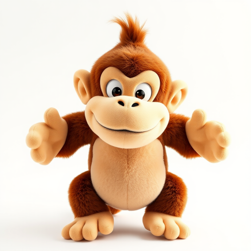 Donkey Kong children's version of an adorable and cute cotton plush with a full body on a white background. A good front pose is visible with extreme quality and every detail. The image features good lighting, a well-chosen color palette, and a 3D appearance.