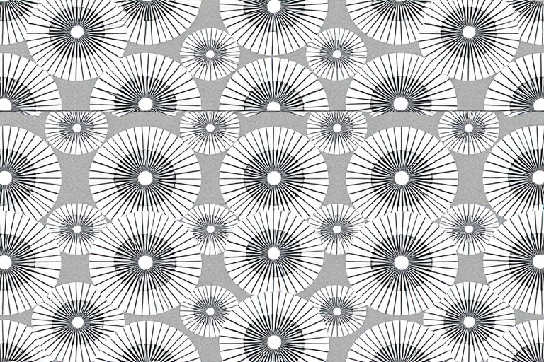 Create a seamless pattern of fan-like shapes in black and white on a gray background, using a DSLR camera with a 50mm lens, aperture f/8, ISO 200, shot from a top-down perspective in natural light to enhance details and contrast.