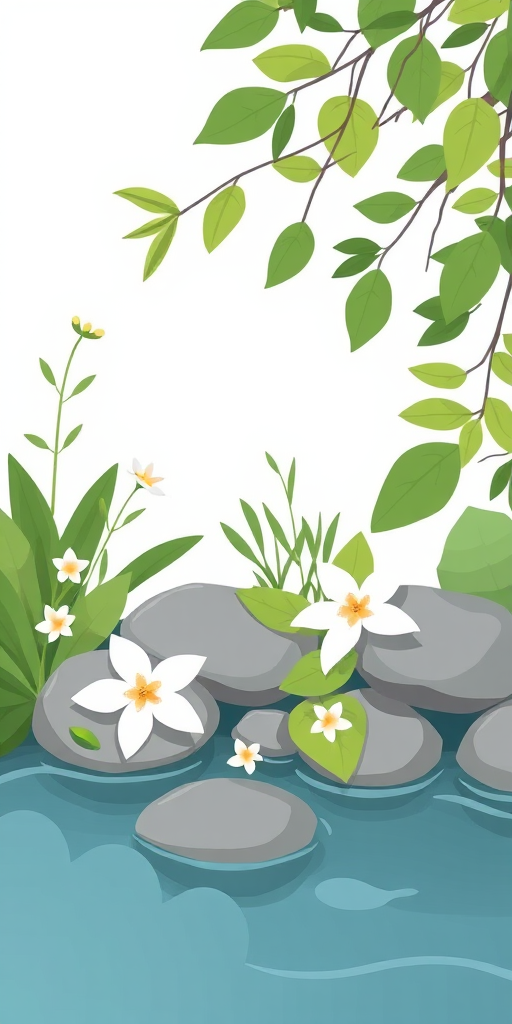 create a stylized vector illustration of a serene natural scene featuring various green leaves, white flowers, and smooth gray stones near a gentle body of water, emphasizing harmony and tranquility