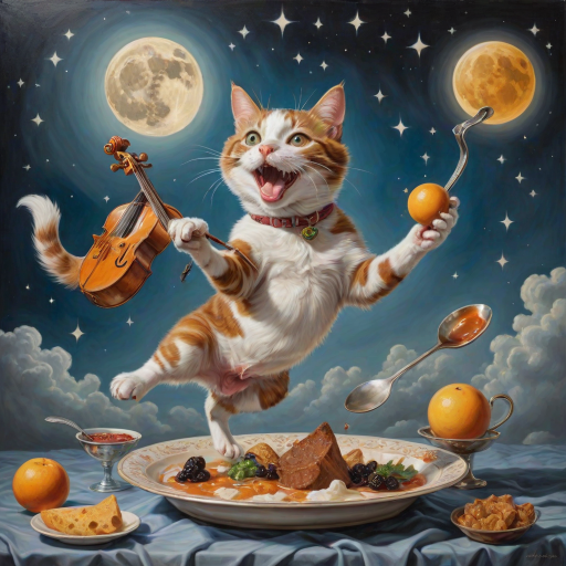 A whimsical hyper vibrant, hyper realistic and hyper detailed image of a cat and a fiddle, a cow jumping over a moon , a laughing dog, and a dish running away with a spoon, oil painting and airbrush