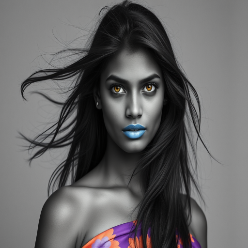 Photographic image of a beautiful young Sri Lankan woman, Yellow eyes, lips with cyan lipstick, long hair fluttering in the wind and wearing a silk strapless dress with a soft purple and orange print. monochrome image with only color highlights in the iris of the eyes, lipstick and dress. Gray background.