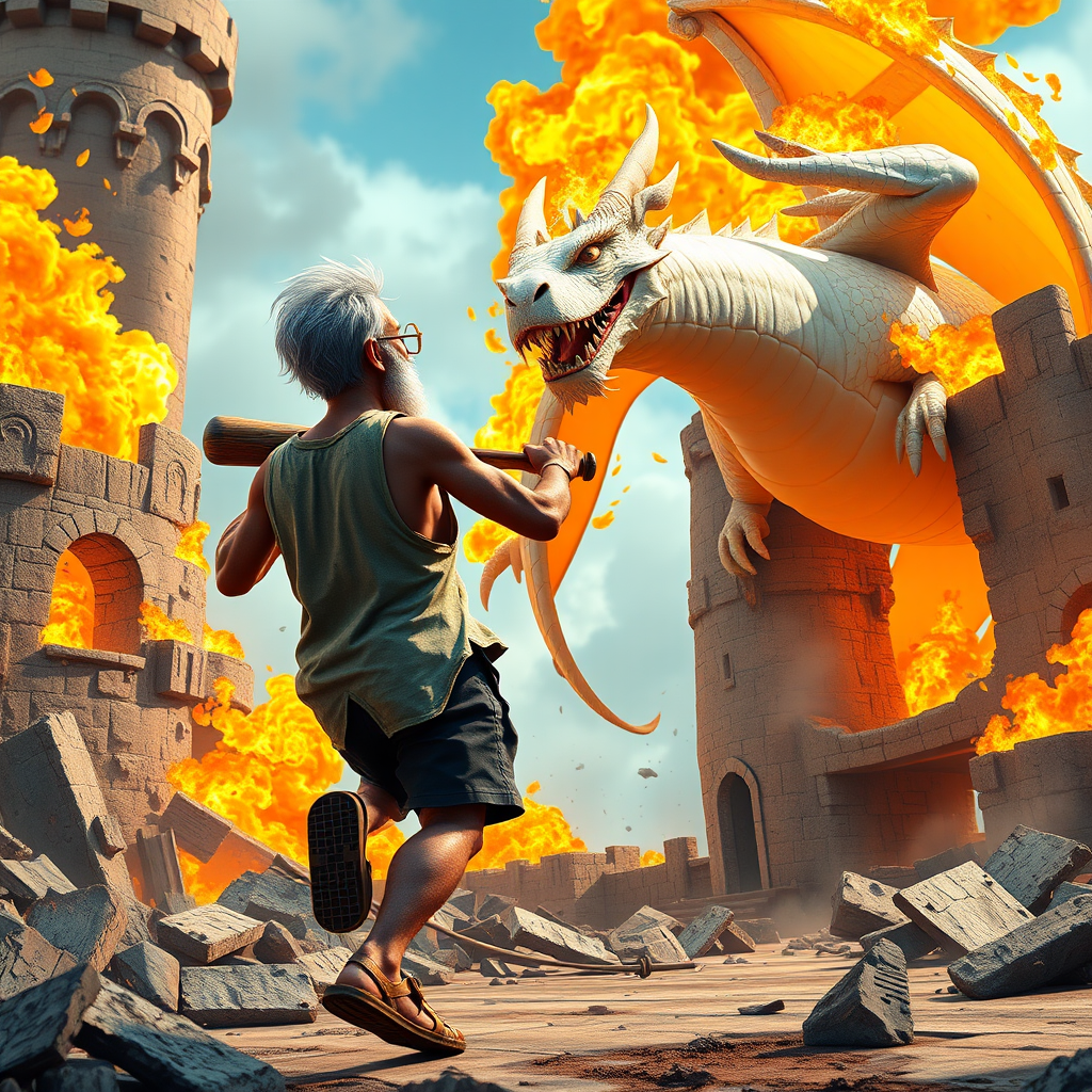 Cartoon 3D High-Resolution,dynamic battle scene using Unreal Engine 5 and Octane Render. The scene features back of an elderly, thai man with a beard,messy hair and round golden-rimmed glasses. He is wearing a tattered tank top with soot marks, shorts, and sandals. sweating. he wields a baseball bat. He jump to fight with a white fire-breathing Europe dragon amidst a partially destroyed stone castle. Include intense flames, smoke, and debris to enhance the dramatic effect.
