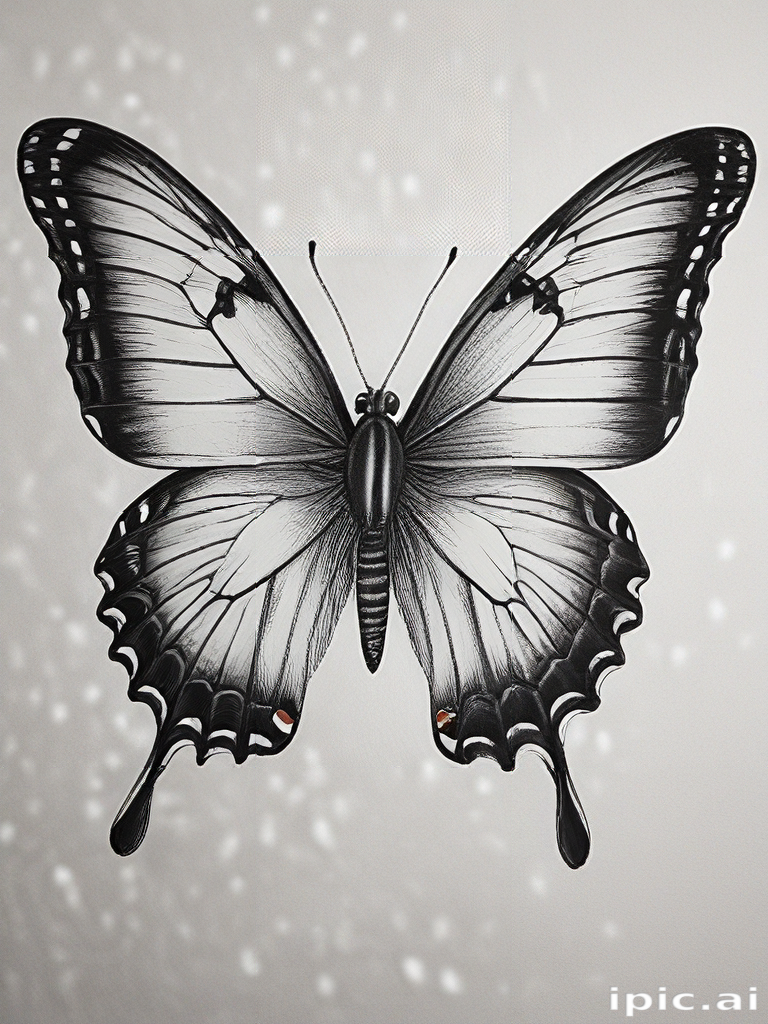 Intricate Black and White Illustration of a Beautiful Butterfly in Flight