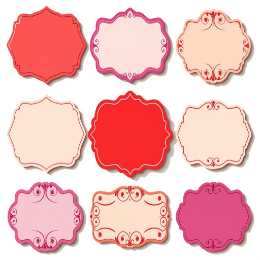 Create a set of nine decorative label shapes in a grid format, featuring bold colors like red, purple, pink, and beige with elegant scrollwork elements; use a Canon EOS R5, aperture f/2.8, ISO 100, 24mm lens, natural lighting for enhanced clarity and vibrant color accuracy, captured from an above perspective.