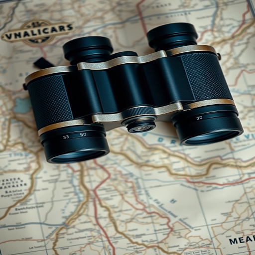 A vintage pair of binoculars resting on a detailed map, shallow depth of field, natural lighting, 50mm lens, f/2.8 aperture, ISO 200, Canon EOS 5D Mark IV, top-down view.