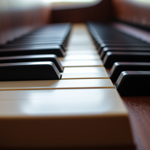 A close-up shot of a wooden piano keyboard with a shallow depth of field, f/1.8 aperture, ISO 100, 50mm lens, natural light, focusing on the keys while softly blurring the background to enhance details and texture of the wood.