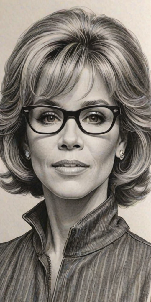 Beauteous Jane Fonda, pencil sketch, portrait of Fascinating woman 1969s in glasses, hair style beatnik, outline, clear lines, fine lines, 8k