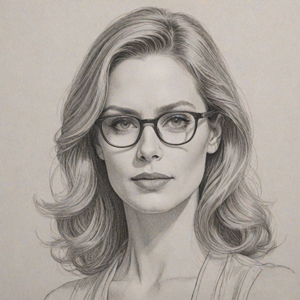 Graceful Kristin Bauer, pencil sketch, portrait of Elegant woman 1979s in glasses, hair style beatnik, outline, clear lines, fine lines, 8k