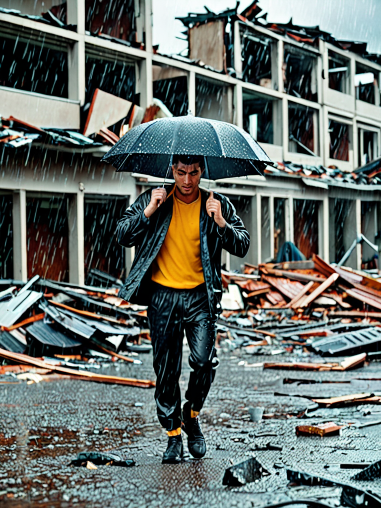 Person with rain falling on their body with a background of a destroyed ...