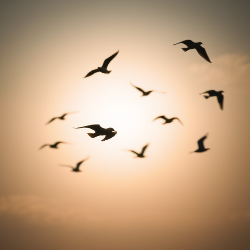 Regenerate a silhouette image of birds in flight against a bright sky, captured with a DSLR camera using a 50mm lens at f/2.8, ISO 100, shutter speed 1/1000 sec, from a low-angle view for dramatic effect with soft focus background.