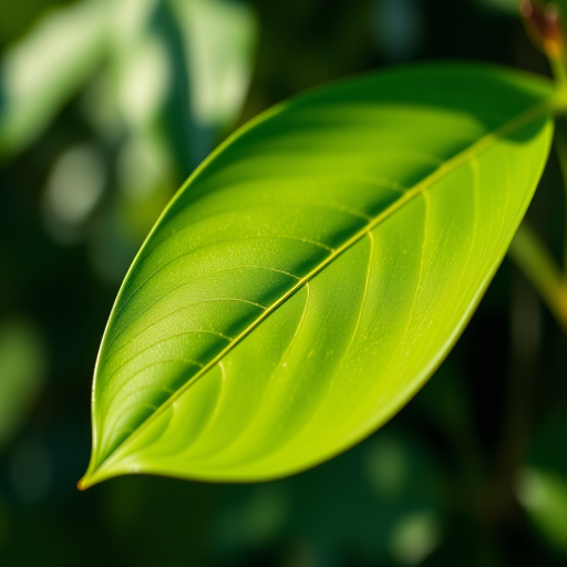 Generate a high-resolution image of a stylized green leaf with a smooth gradient, using a Canon EOS R5 camera with a 50mm lens, aperture set to f/2.8, shutter speed of 1/125 sec, and capture the leaf from a slightly elevated angle in natural lighting.