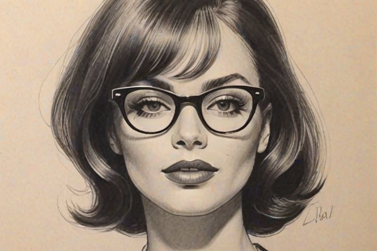 Stunning Zuri Hall, pencil sketch, portrait of Bewitching woman 1959s in glasses, hair style beatnik, outline, clear lines, fine lines, 8k