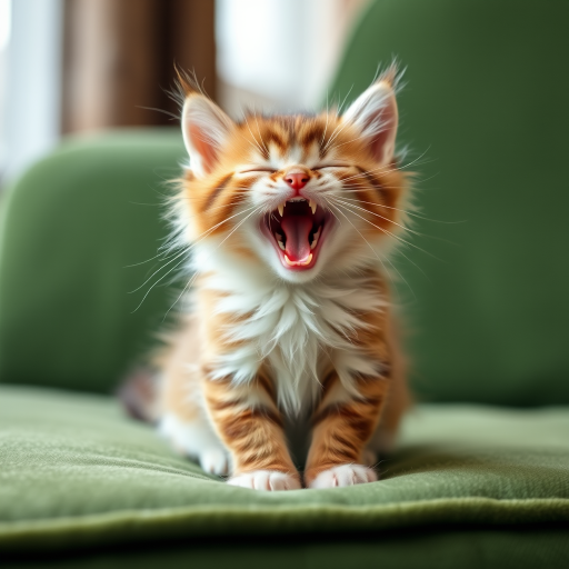 Cute fluffy kitten sitting on a green couch yawning with its eyes closed and mouth open showcasing its playful expression and soft fur.