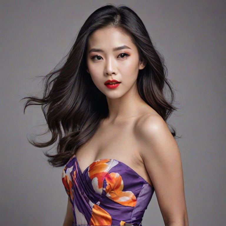Photographic image of a beautiful young Singaporean woman, red eyes, lips with red lipstick, long hair fluttering in the wind and wearing a silk strapless dress with a soft purple and orange print. monochrome image with only color highlights in the iris of the eyes, lipstick and dress. Gray background.