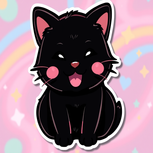 this image is a kawaii Beaming black cat sticker, 3d digital art, colorful background, sticker line weight