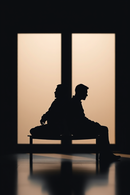 Create a high-resolution silhouette image of two people sitting across from each other in a minimalistic style, use a 50mm lens, f/1.8 aperture, ISO 200, natural light, shallow depth of field, and a soft-focus background to enhance contrast and clarity.