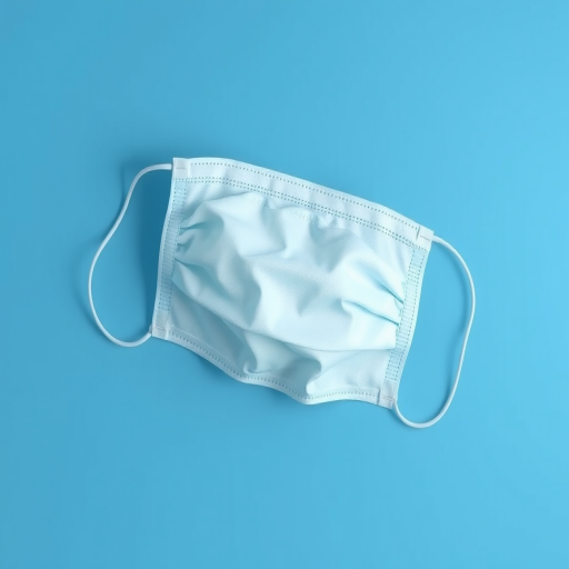 create a digital illustration of a surgical mask lying flat on a smooth blue background with soft shadows, use a high-resolution setting of 300 DPI, focal length of 50mm, aperture set to f/8, and a softbox lighting effect, using a digital camera style with realistic rendering techniques.