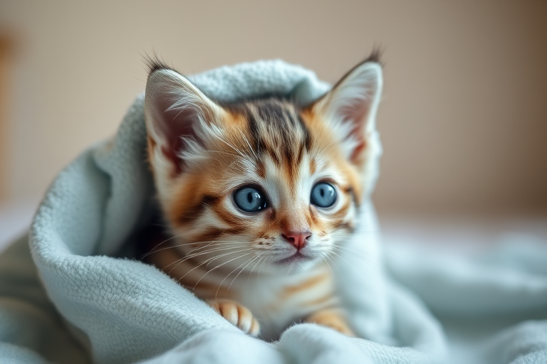 A cute kitten wrapped in a towel, soft focus background, natural lighting, shot with a Canon EOS R5, 50mm f/1.2 lens, aperture f/1.2, ISO 200, shutter speed 1/200s, portrait orientation.