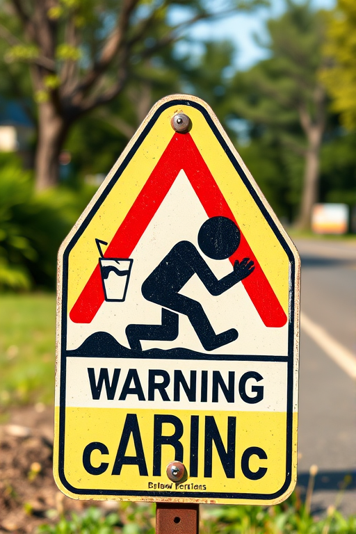 Create a high-resolution vector illustration of a warning sign featuring a crawling figure holding a drink, using a Canon EOS 5D Mark IV with a 50mm lens, aperture f/8 for sharpness, and a shallow depth of field, bright colors, and clear contrast to enhance visibility.