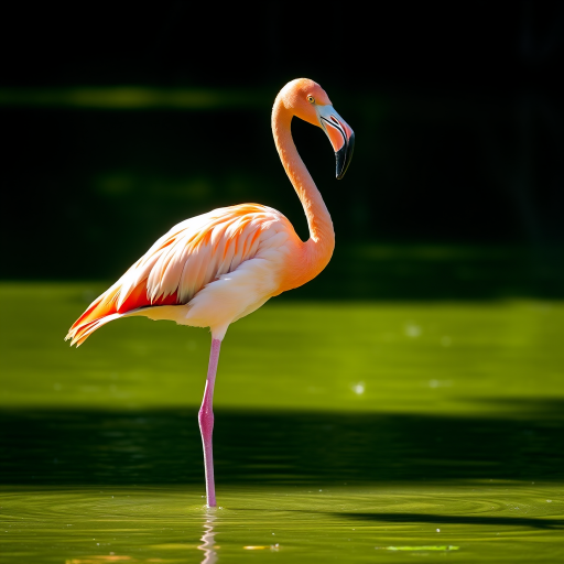 A flamingo standing in shallow green water, captured with a Canon EOS 5D Mark IV, 85mm lens, f/2.8 aperture, ISO 100, natural light, shallow depth of field, vibrant colors, sharp focus on the bird with a blurred background.