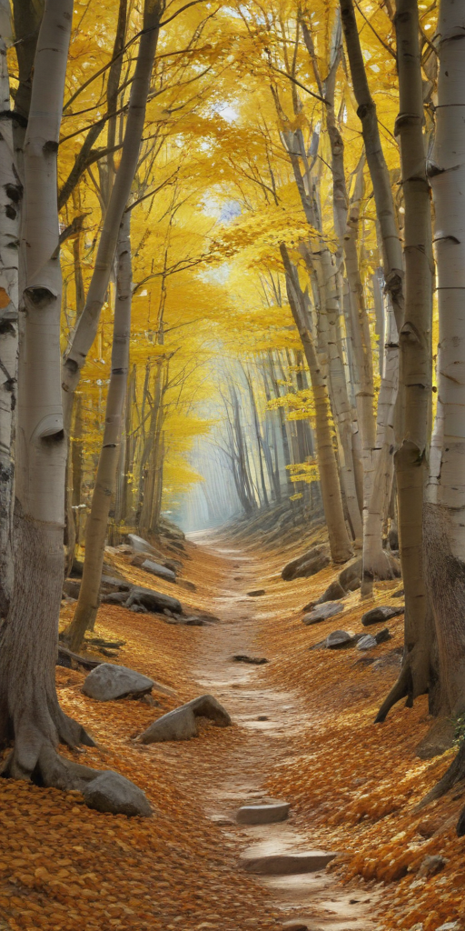 Golden Autumn Pathway Through a Tranquil Forest of Vibrant Leaves