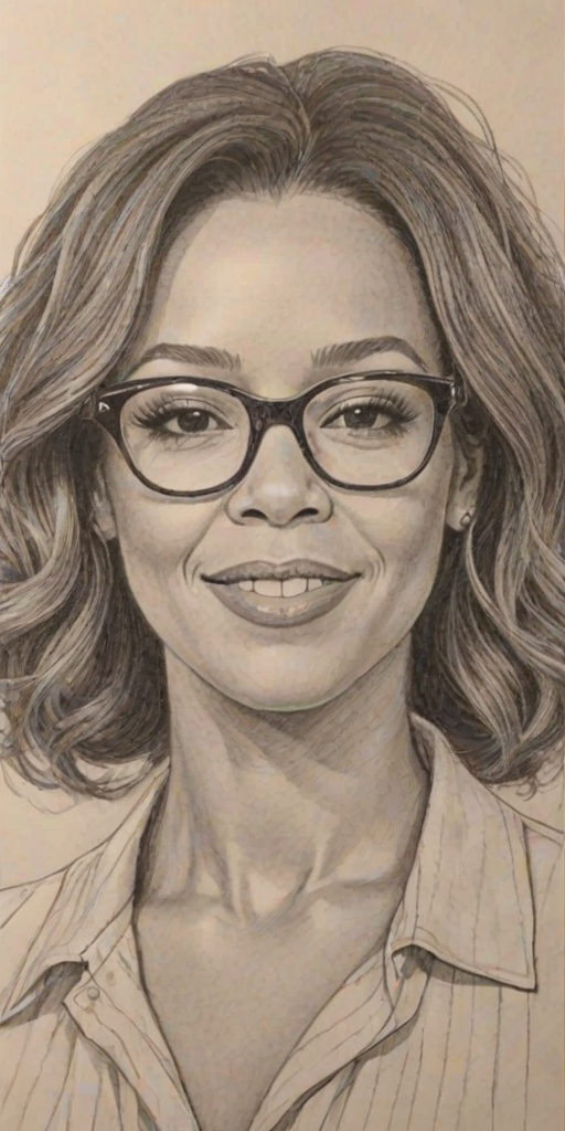 Fetching Sunny Hostin, pencil sketch, portrait of Superb woman 1934s in glasses, hair style beatnik, outline, clear lines, fine lines, 8k