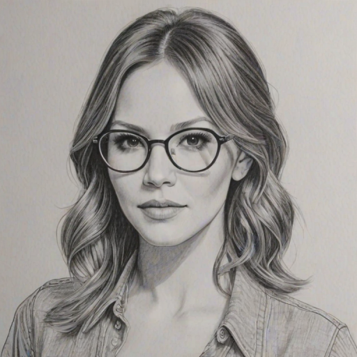 Comely Katharine McPhee, pencil sketch, portrait of Graceful woman 1977s in glasses, hair style beatnik, outline, clear lines, fine lines, 8k