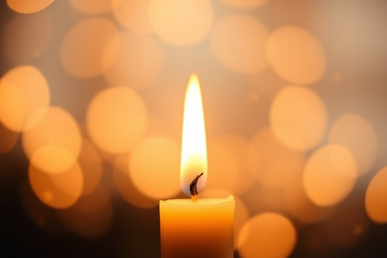 Create a warm, softly lit image of a single candle flame against a blurred bokeh background with sparkling stars, using a DSLR camera at f/1.8, ISO 100, 50mm lens, and a shallow depth of field to enhance the glow and shimmer effects.