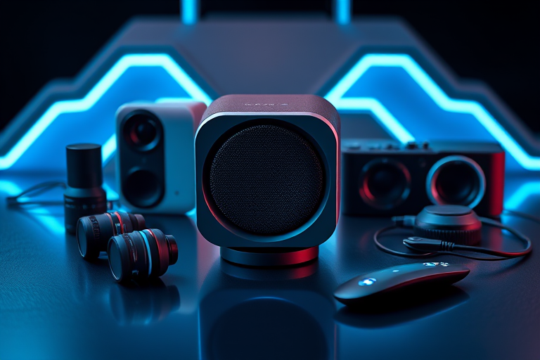 create a highly detailed image of futuristic audio technology gadgets arranged artistically on a sleek surface with glowing blue accents, focus on a central speaker with a modern design, use a Canon EOS R5 camera with an 85mm lens, aperture f/1.8, ISO 100, and a softbox lighting setup for even illumination