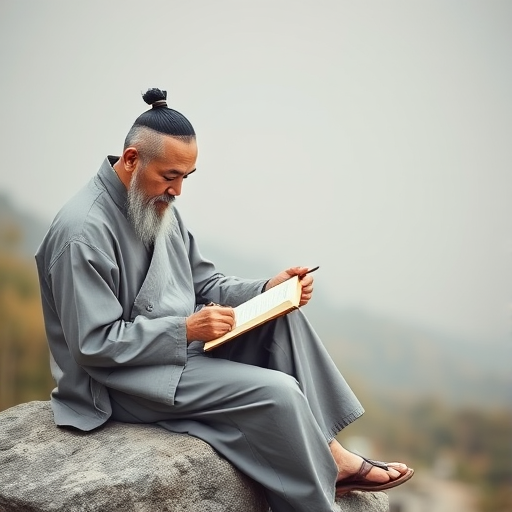 portrait of a scholar sitting on a rock in traditional attire writing in a notebook with a brush, soft natural lighting, shallow depth of field, taken with a DSLR camera at 50mm f/1.8, ISO 200, in a minimalist style, pastel background