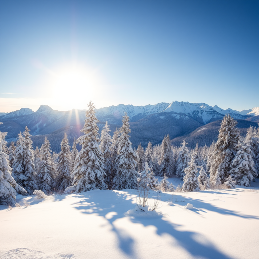 winter landscape with snow-covered trees and mountains under a bright sun, captured with a DSLR camera at f/8, ISO 100, 1/200s, wide angle view, golden hour lighting for enhanced contrast and warmth