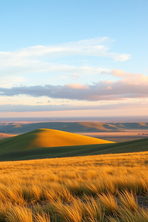 capture a wide-angle shot of a serene landscape featuring rolling hills and a vast grassy plain under a blue sky with soft clouds use a DSLR camera with a 24mm lens aperture set to f/8 shutter speed at 1/125s ISO 100 during golden hour for optimal lighting