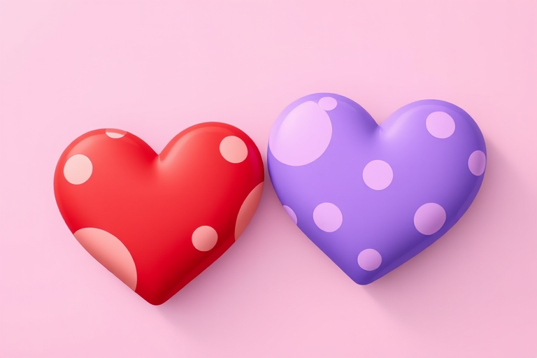 Create a high-resolution digital illustration of two cartoon hearts, one red with peach accents and polka dots, and one purple with lavender accents and polka dots, using a Canon EOS R5 camera, aperture f/2.8, ISO 100, 50mm lens, with a top-down view and soft lighting for vibrant colors.