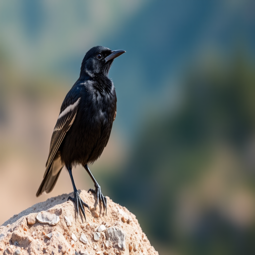Capture a close-up of a starling perched on a rock, with a shallow depth of field, soft natural lighting, f/2.8 aperture, ISO 200, 1/500 sec shutter speed, using a DSLR camera with a 70-200mm lens in a scenic outdoor setting.