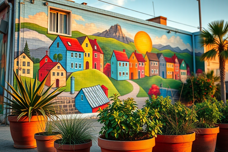 capture a vibrant mural scene on a building with colorful houses and landscapes, include potted plants in the foreground, use a wide-angle lens with an aperture of f/8 to enhance depth of field, set ISO to 200 for optimal clarity, shoot during golden hour for warm lighting, use a DSLR camera for high-quality image capture