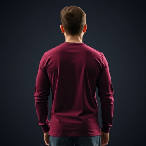 Generate an image of a long-sleeve maroon t-shirt from a back view in high resolution, using a DSLR camera with a 50mm lens at f/2.8 aperture, ISO 100, and a slight vignette effect to enhance depth.